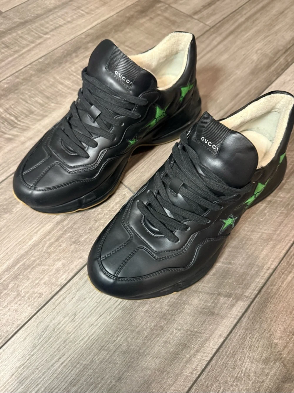 Gucci Black Leather Sneakers with Green Star Motif